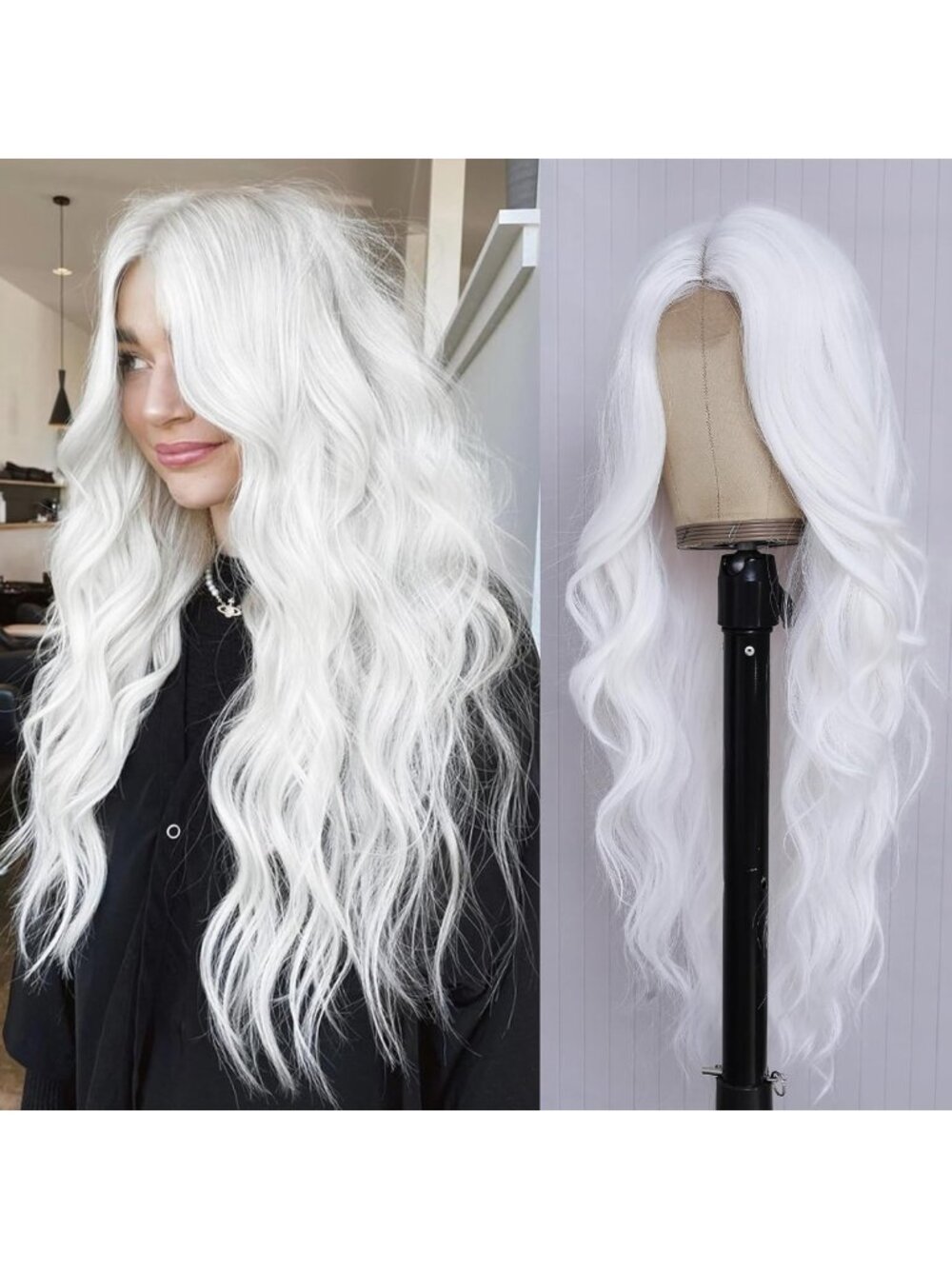 26" Long White Wavy Wig with Middle Part - Curly Hair for Women, Fashionable